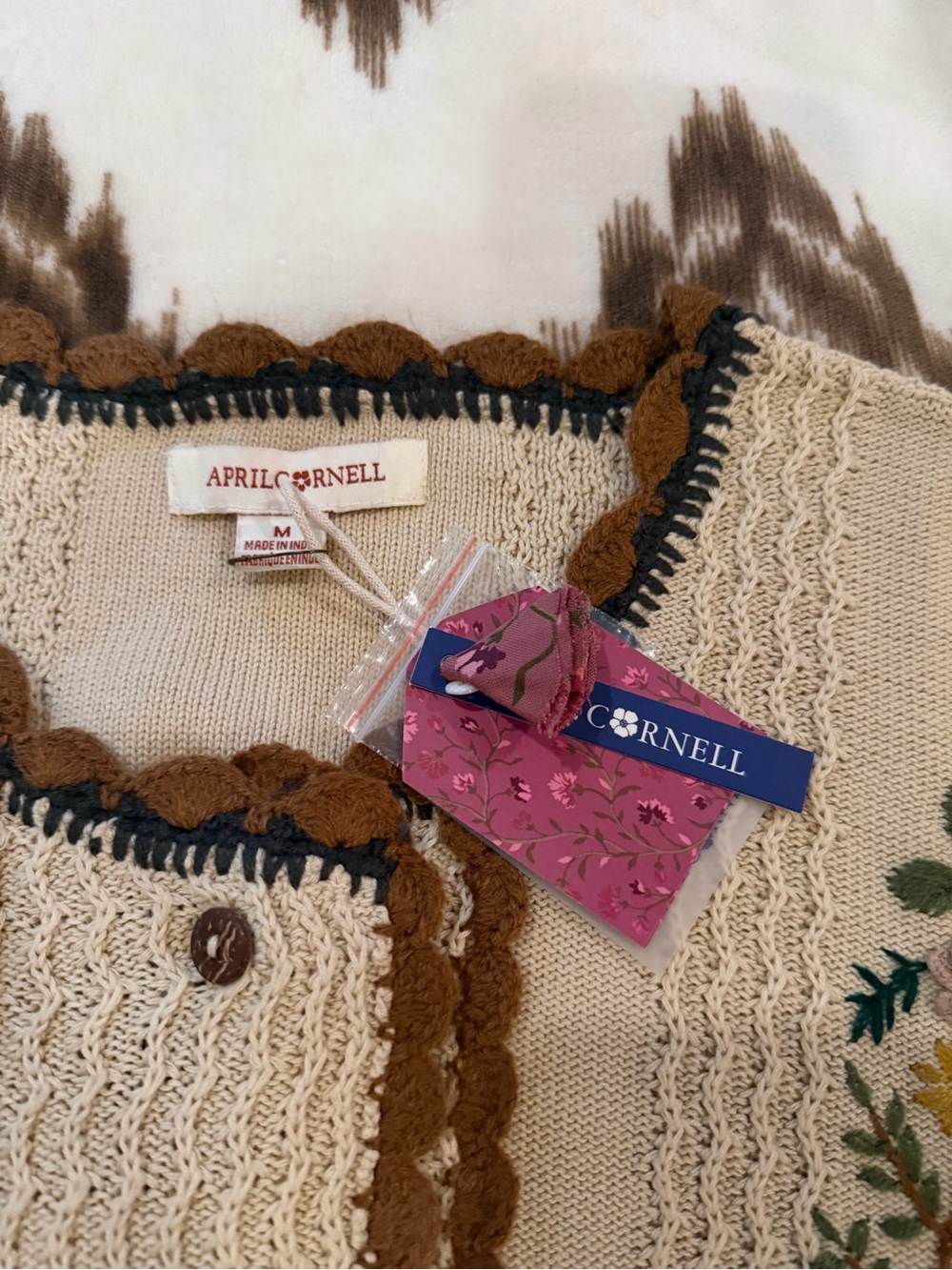 April Cornell Cream Embroidered Floral Button Cardigan with Brown Trim - Picture 2 of 3